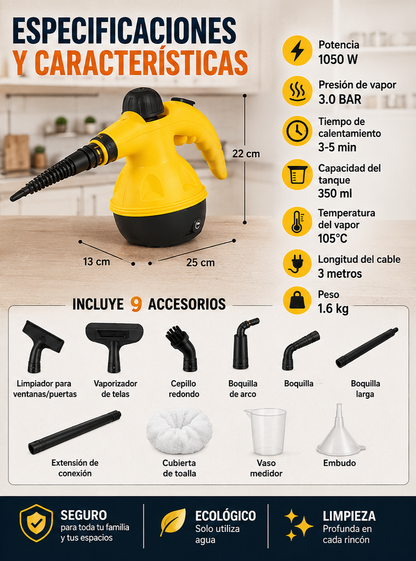 LIMPIADOR A VAPOR MULTIUSOS + 9 ACCESORIOS GRATIS