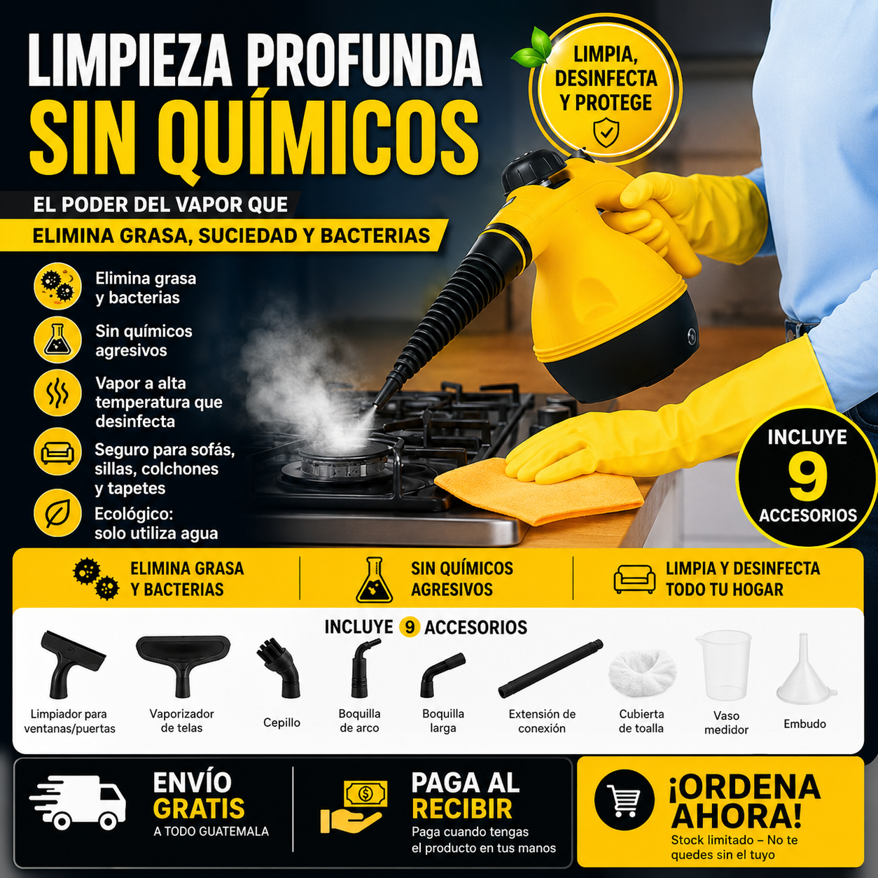 LIMPIADOR A VAPOR MULTIUSOS + 9 ACCESORIOS GRATIS
