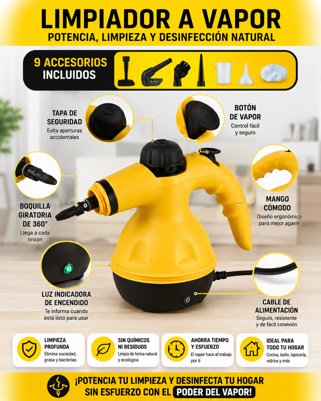 LIMPIADOR A VAPOR MULTIUSOS + 9 ACCESORIOS GRATIS