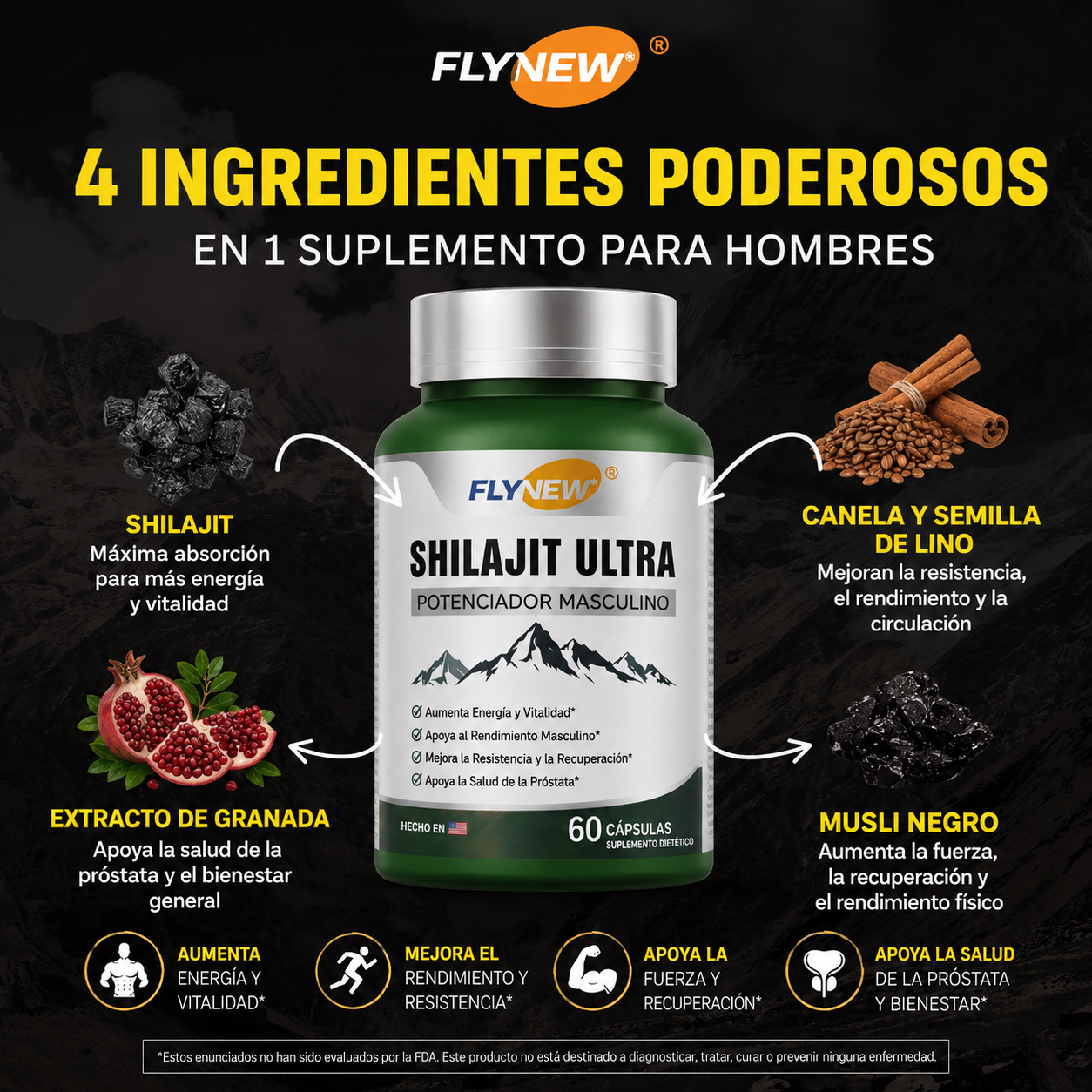Fly New Shilajit Ultra + Maca Negra | Potenciador Natural Masculino 2X1 OFERTA LIMITADA
